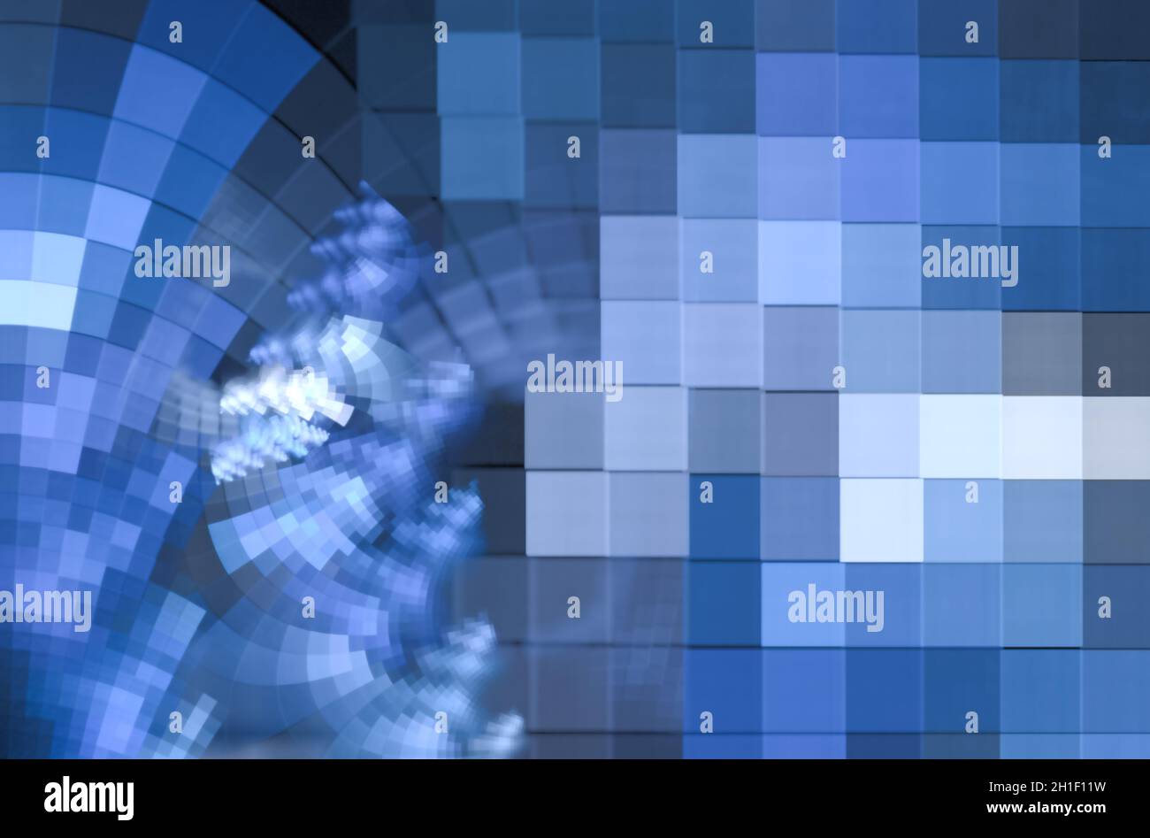 In blau ist ein technologisch strukturierter Hintergrund ein 3D Fraktal Rendering. Stockfoto