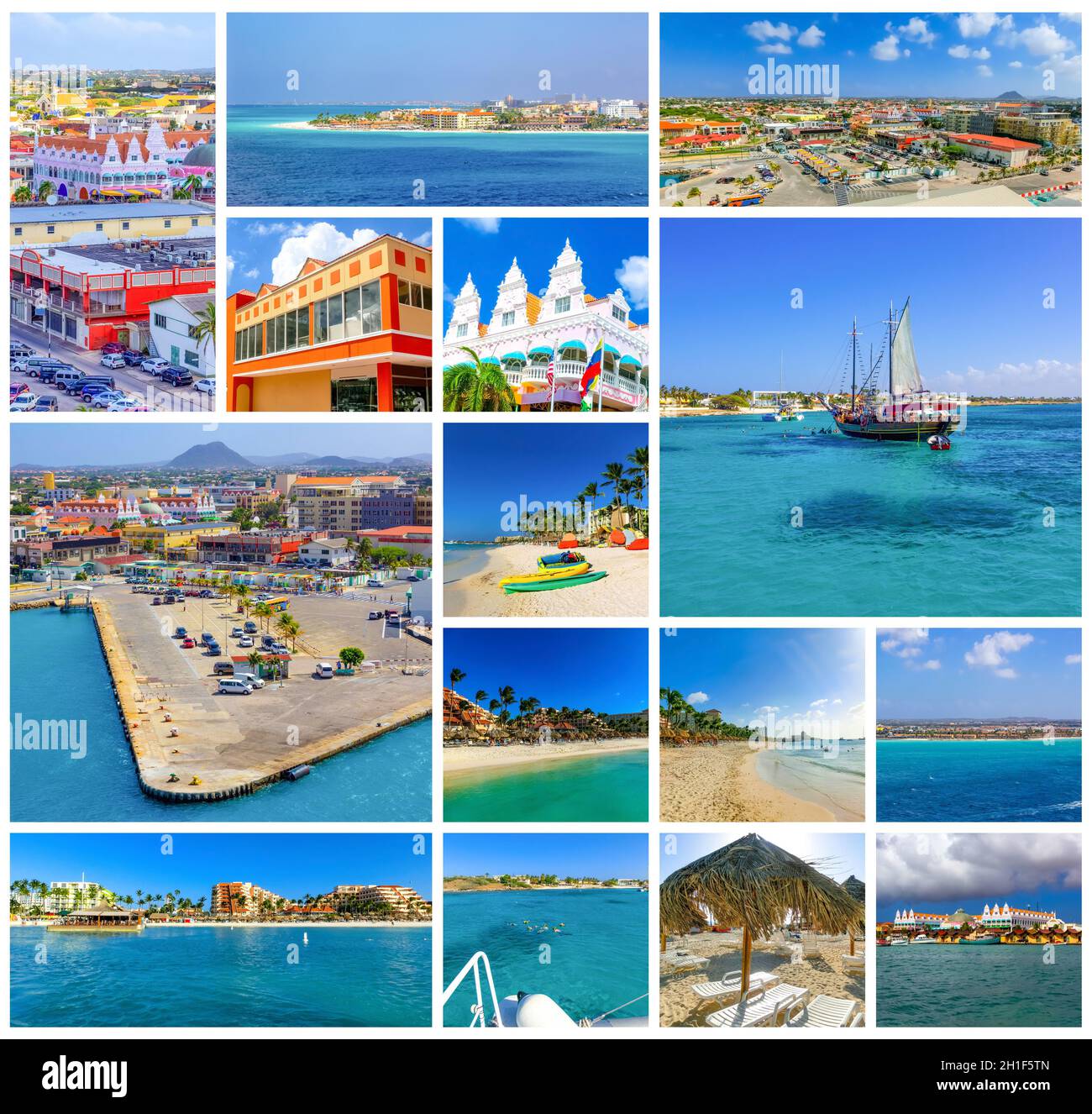 Collage aus dem Blick auf Oranjestad auf Aruba - wunderschöne karibische Insel. Stockfoto