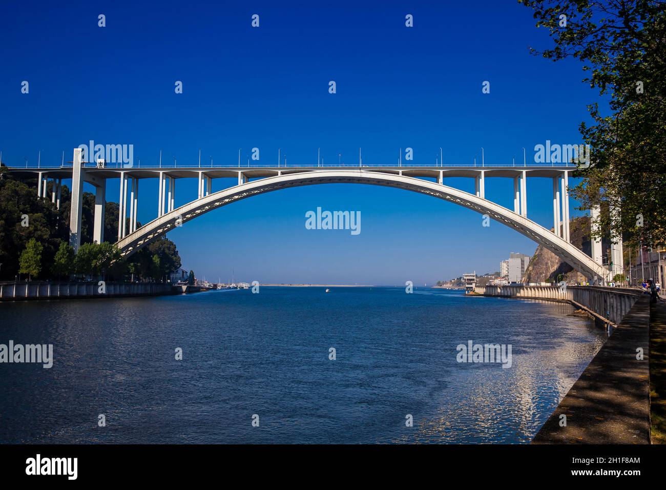 Blick auf die Flussmünde des Douro und die Arrabida-Brücke in einem schönen frühen Frühlingstag in Porto City in Portugal Stockfoto