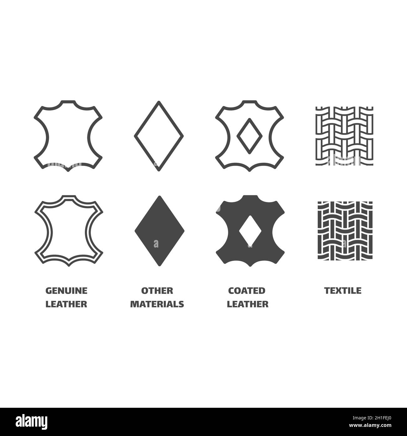 Schwarzes Vektor-Icon-Set für Schuhmaterialien. Schuhe mit echtem Leder, textilen Symbolen. Stock Vektor