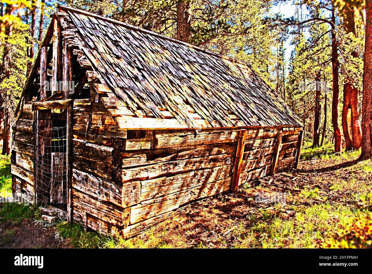 Broken-Down Shack - Dies ist ein Foto, digital manipuliert für künstlerische Wirkung, eines zerbrochenen Gebäudes. Stockfoto