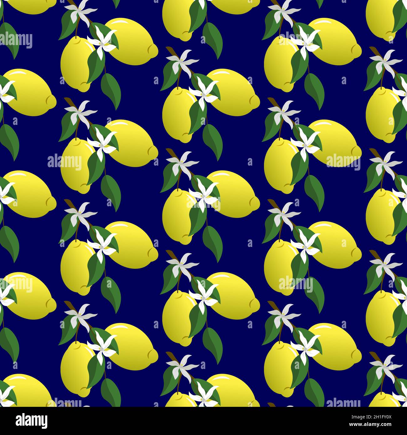 Muster mit gelben Zitronen und Blumen auf blauem Hintergrund. Stock Vektor