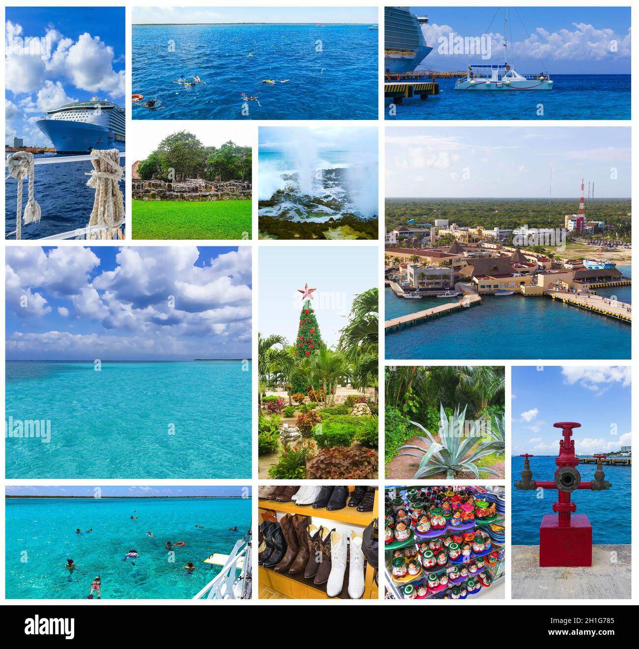 Die Collage über die Kreuzfahrt-Aktivitäten im Hafen mit blauem karibischem Wasser in Cozumel in Mexiko Stockfoto