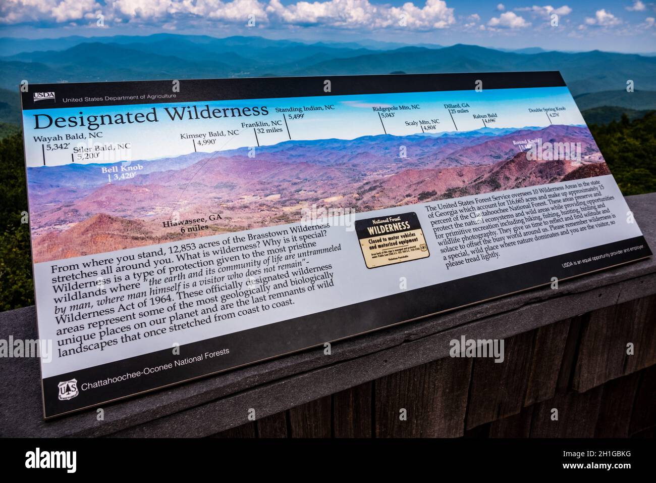 Brasstown bald Mountain Observation Platform Hiawassee GA Signage Designated Wilderness Stockfoto