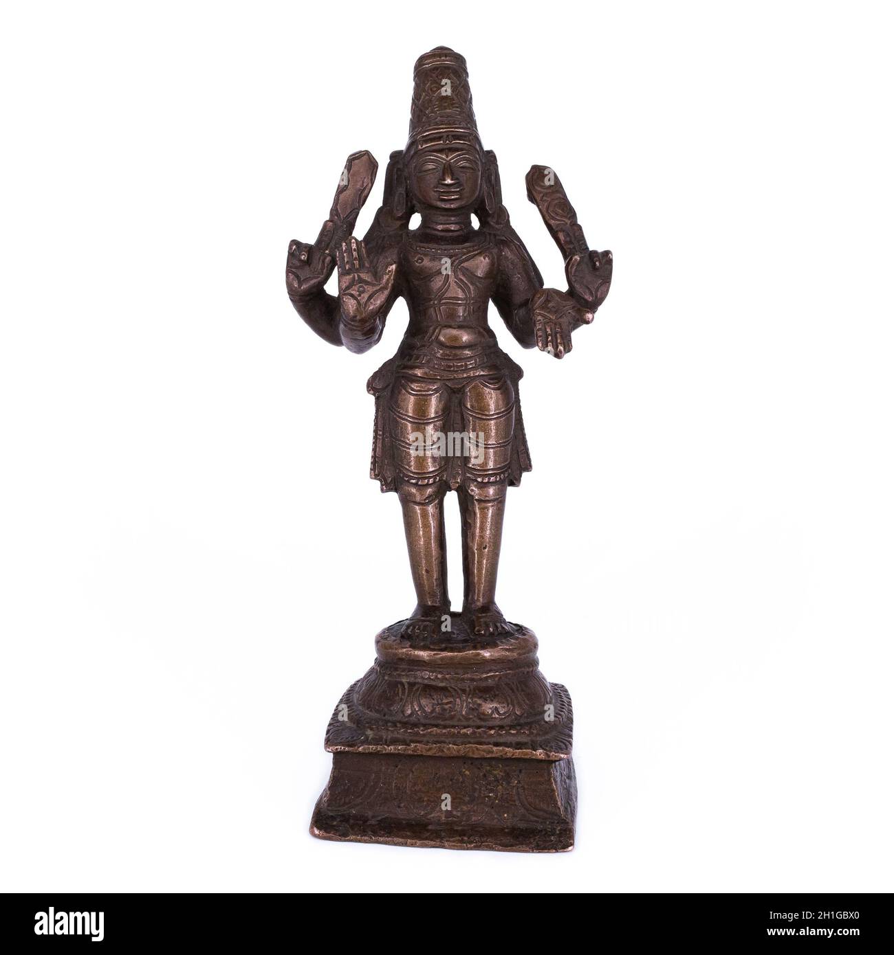 Antike indische Bronzefigur von vier bewaffneten Fürsten Murugan (Subrahmanya). Südindien, Tamil Nadu, 19. Jahrhundert Stockfoto