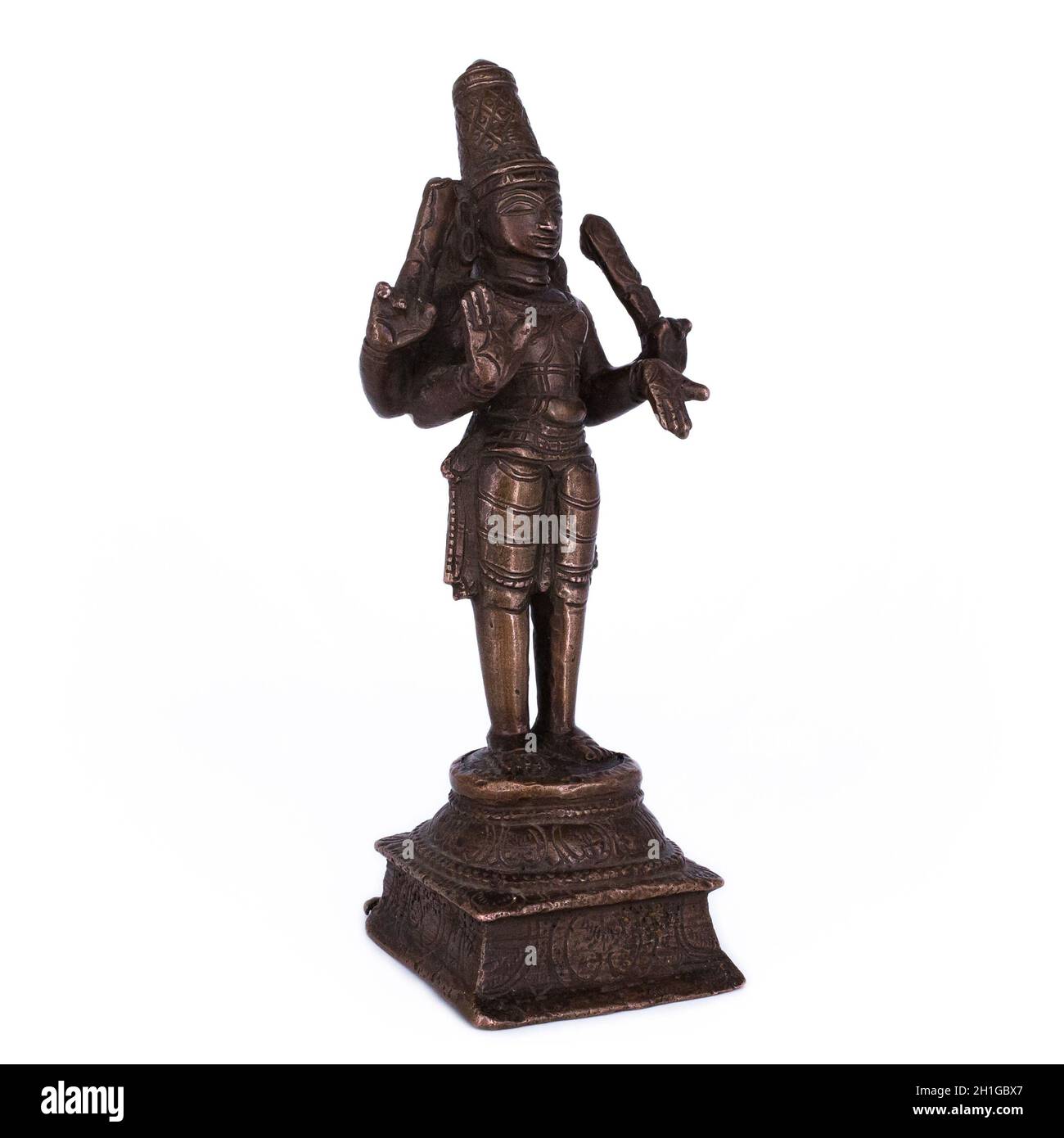 Antike indische Bronzefigur von vier bewaffneten Fürsten Murugan (Subrahmanya). Südindien, Tamil Nadu, 19. Jahrhundert Stockfoto