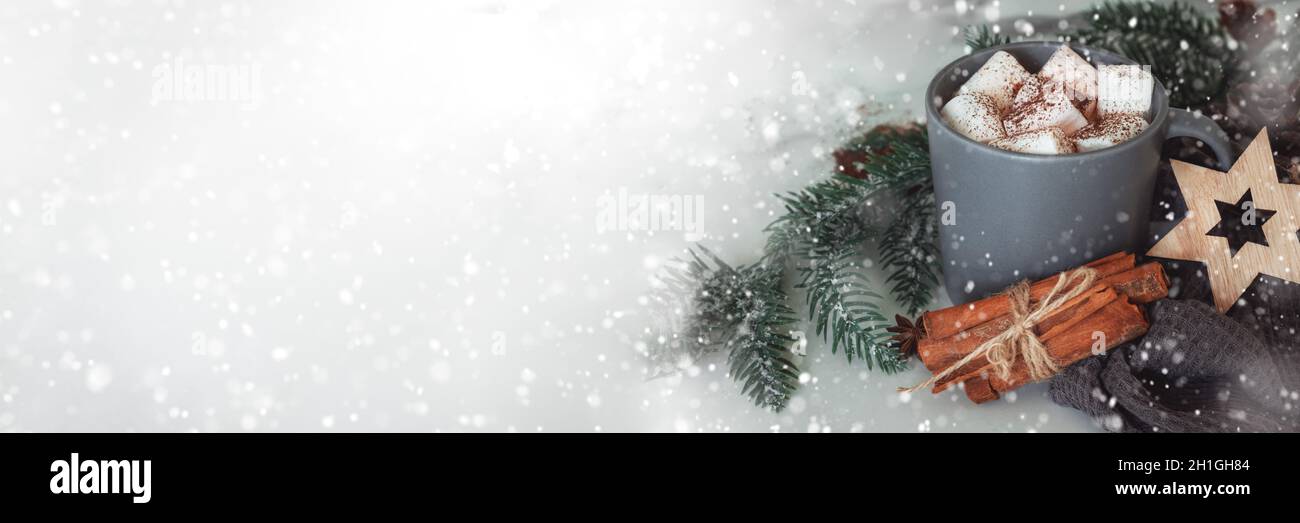 Weihnachtsbanner, grauer Becher mit heißer Schokolade oder Kakao und Marschmalw, Zimtstangen, Holzstern auf hellem Hintergrund. Platz für Text. Stockfoto