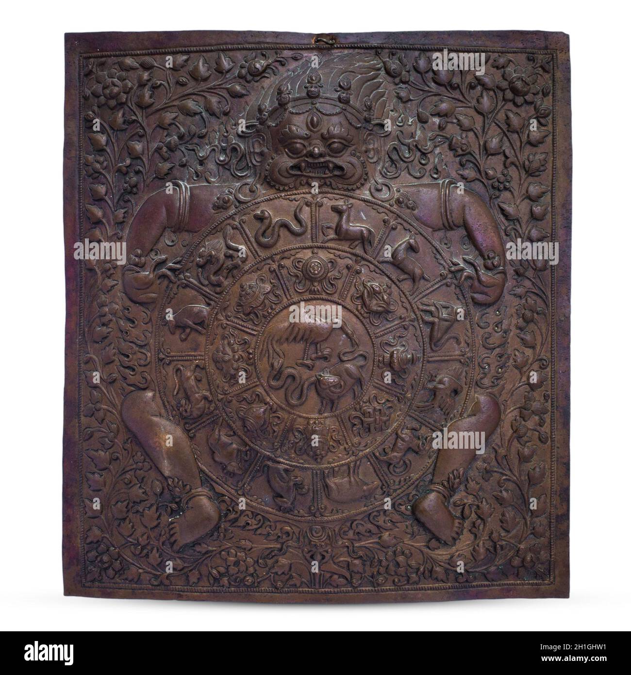 Wandtafel Mit Dem Tierkreis-Kalender Des Tibetischen Buddhistischen Kupferrepousse Stockfoto