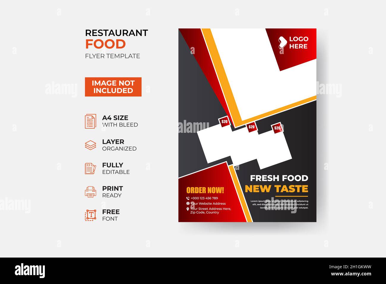 Fast Food Flyer Design-Vorlage Kochen, Café und Restaurant-Menü, Lebensmittel bestellen, Junk-Food. Pizza, Burger, Pommes Frites und Soda. Stock Vektor