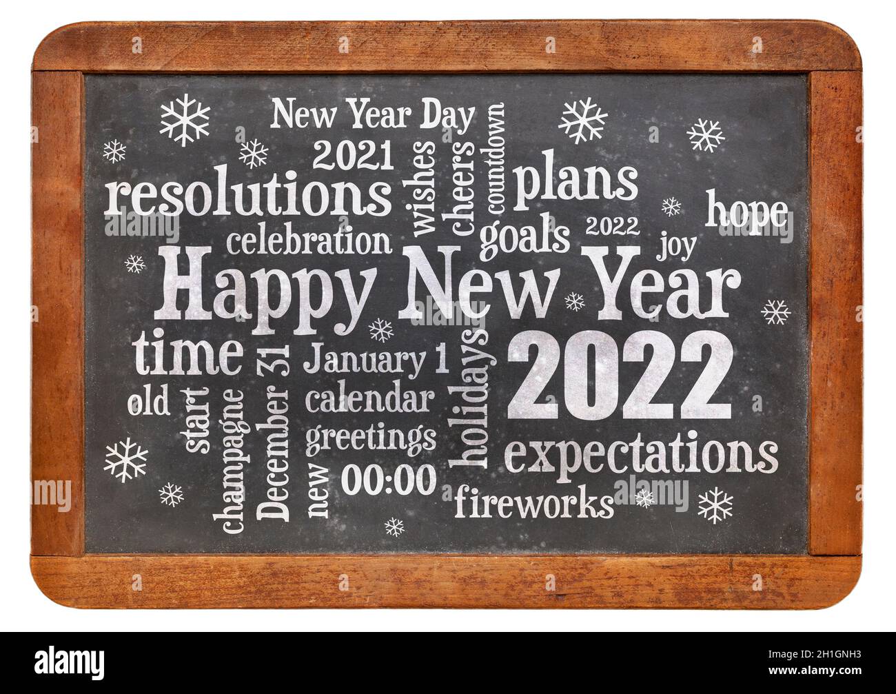 Frohes neues Jahr 2022 Wortwolke - weißer Kreidetext auf einer alten Schiefertafel isoliert auf Weiß Stockfoto