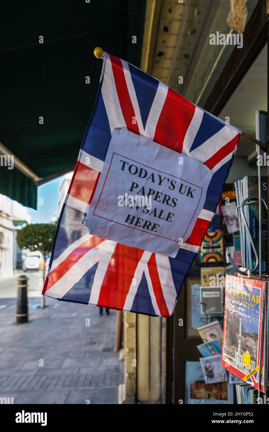 Gibraltar, UK - 18. Mai 2017: Heutige Großbritannien Papiere auf Verkauf hier Zeichen außerhalb ein Zeitschriftenladen in der Britischen Überseegebiet Gibraltar, Vereinigtes Königreich, Stockfoto