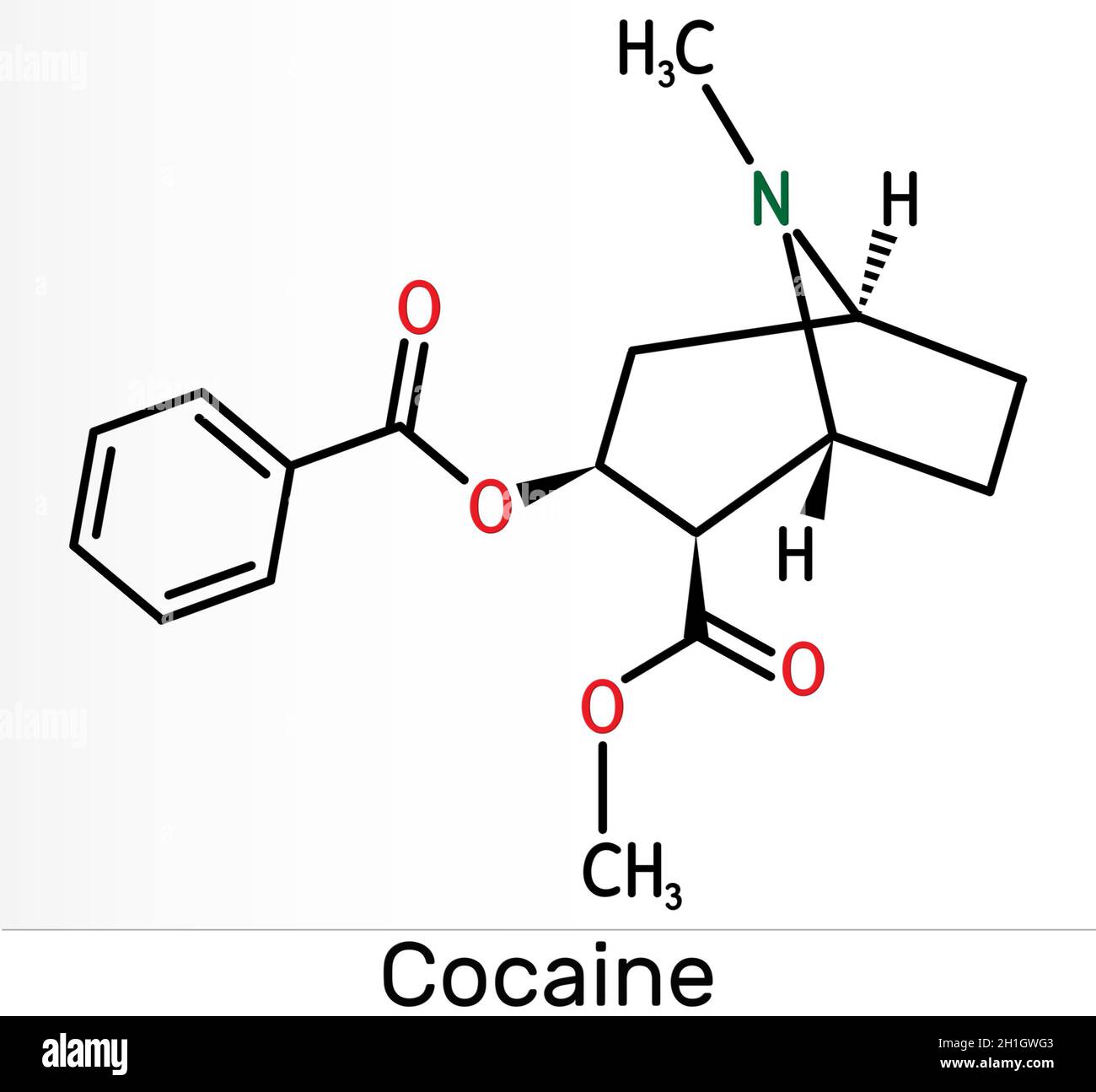 Kokain, Koks, Kokamolekül. Es ist Tropan-Alkaloid mit zentralem Nervensystem ZNS stimulierend, lokale Anäs-, Vasokonstriktor. Skelettchemika Stockfoto
