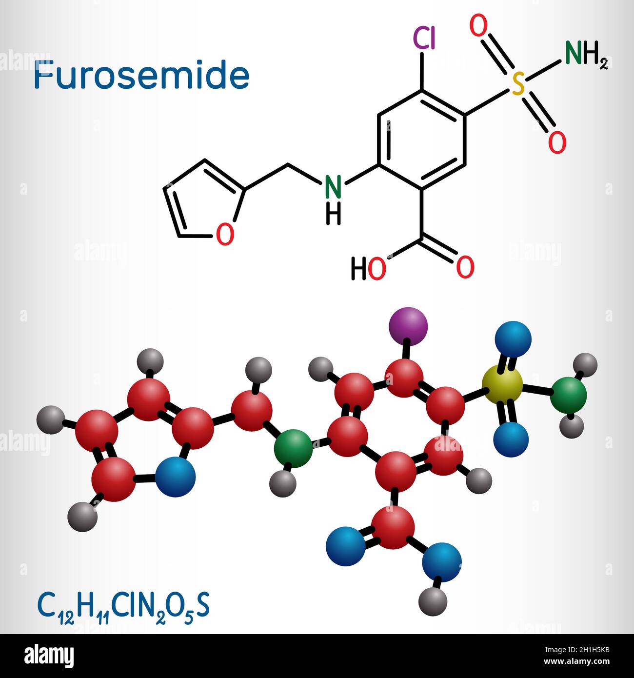 Furosemid, Frusemid-Molekül. Diuretikum, wird verwendet, um Hypertonie und Ödeme zu behandeln. Strukturelle chemische Formel und Molekülmodell. Vektor illustrr Stock Vektor