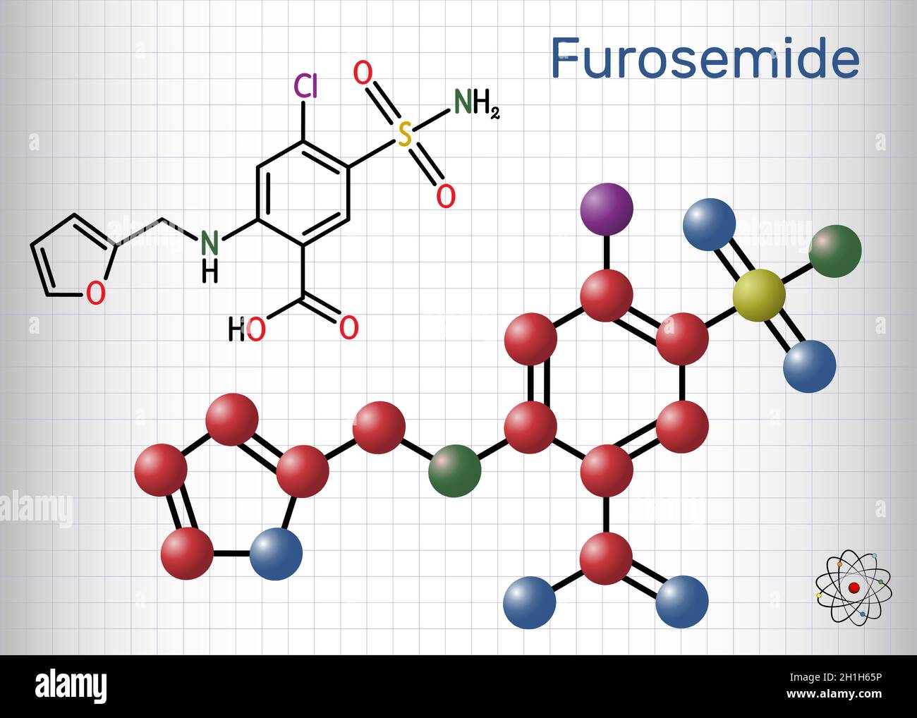 Furosemid, Frusemid-Molekül. Diuretikum, wird verwendet, um Hypertonie und Ödeme zu behandeln. Strukturelle chemische Formel und Molekülmodell. Blatt Papier Stock Vektor