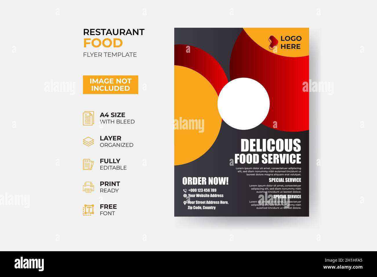 Fast Food Flyer Design-Vorlage Kochen, Café und Restaurant-Menü, Lebensmittel bestellen, Junk-Food. Pizza, Burger, Pommes Frites und Soda. Stock Vektor