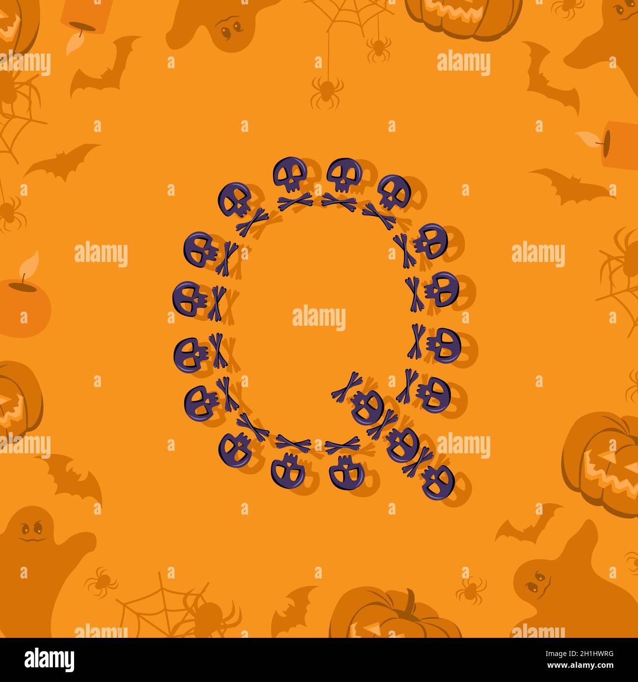 Halloween Buchstabe Q aus Totenköpfen und Querknochen für Design. Festliche Schriftart für Urlaub und Party auf orangefarbenem Hintergrund mit Kürbissen, Spinnen, Fledermäusen und Geistern Stock Vektor