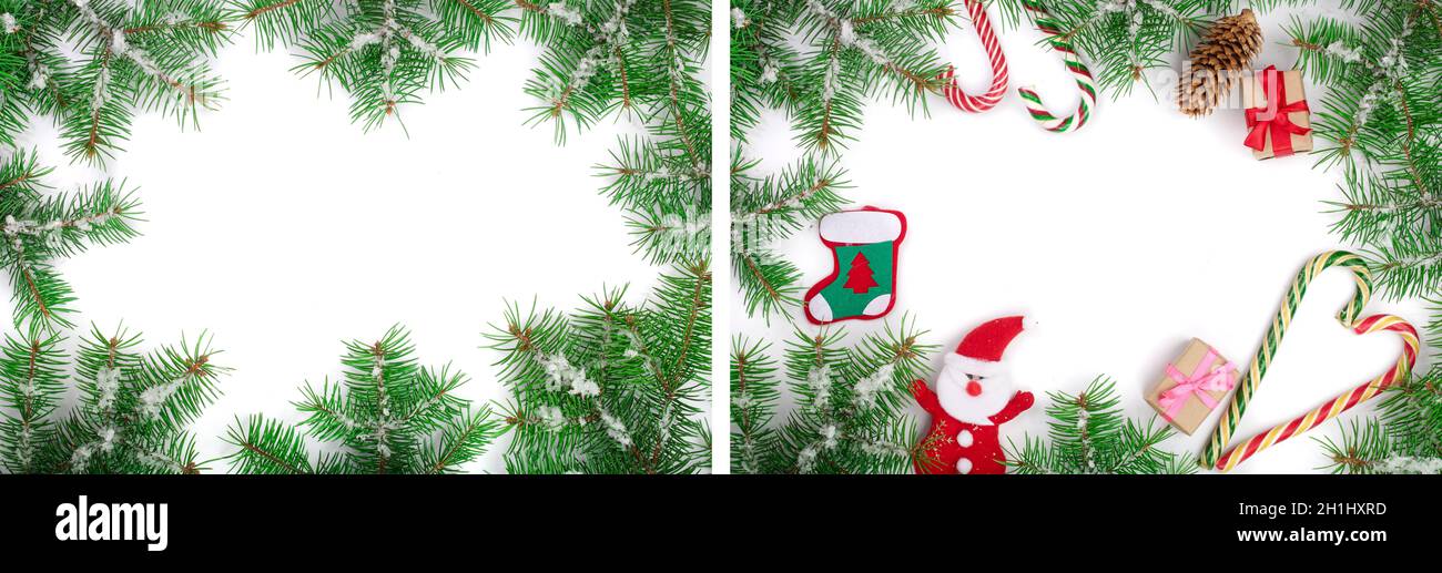 Weihnachten Rahmen der Fir Tree Branch mit Schnee auf weißem Hintergrund mit Kopie Platz für Ihren Text isoliert. Ansicht von oben Stockfoto