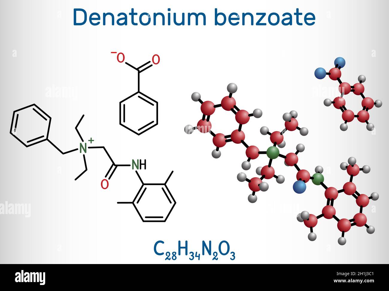 Denatonium-Benzoat-Molekül. Es hat den bittersten Geschmack aller Verbindungen, die der Wissenschaft bekannt sind. Strukturelle chemische Formel und Molekülmodell. Vektor-il Stock Vektor
