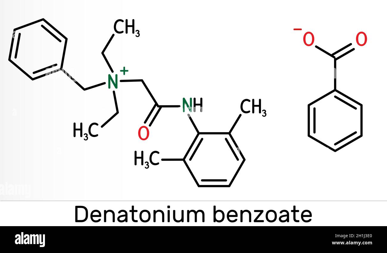 Denatonium-Benzoat-Molekül. Es hat den bittersten Geschmack aller Verbindungen, die der Wissenschaft bekannt sind. Chemische Formel des Skeletts. Abbildung Stockfoto