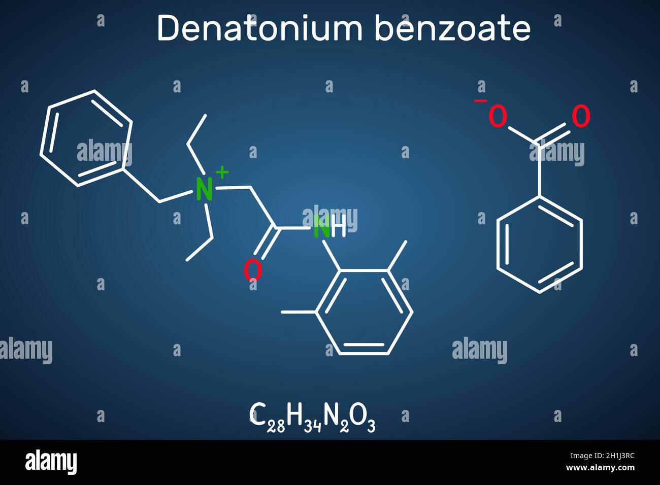 Denatonium-Benzoat-Molekül. Es hat den bittersten Geschmack aller Verbindungen, die der Wissenschaft bekannt sind. Strukturelle chemische Formel auf dem dunkelblauen Hintergrund. Stock Vektor