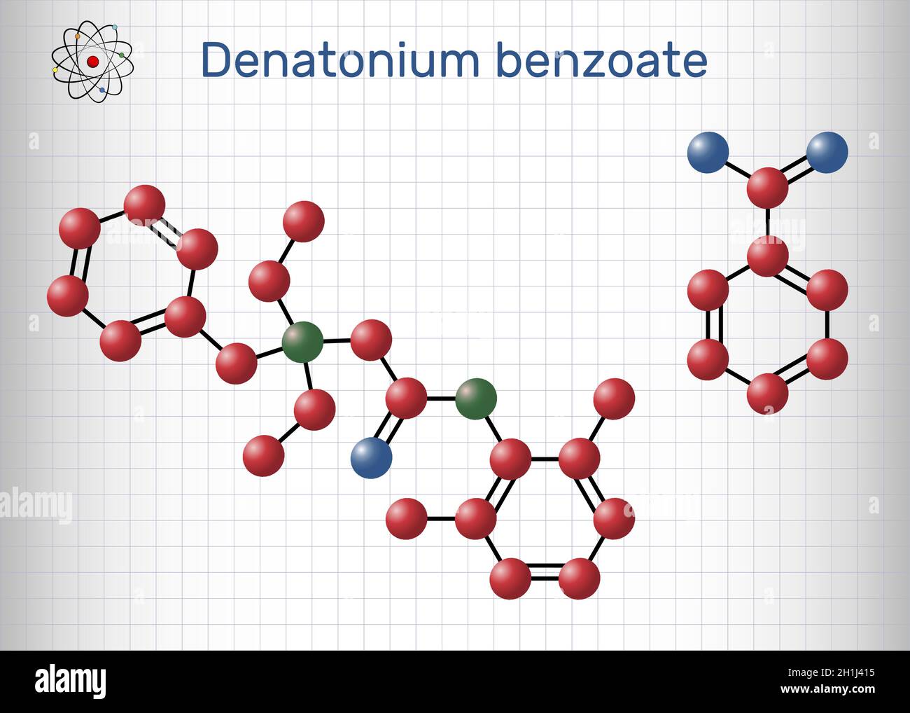 Denatonium-Benzoat-Molekül. Es hat den bittersten Geschmack aller Verbindungen, die der Wissenschaft bekannt sind. Strukturelle chemische Formel und Molekülmodell. Blatt von Stock Vektor