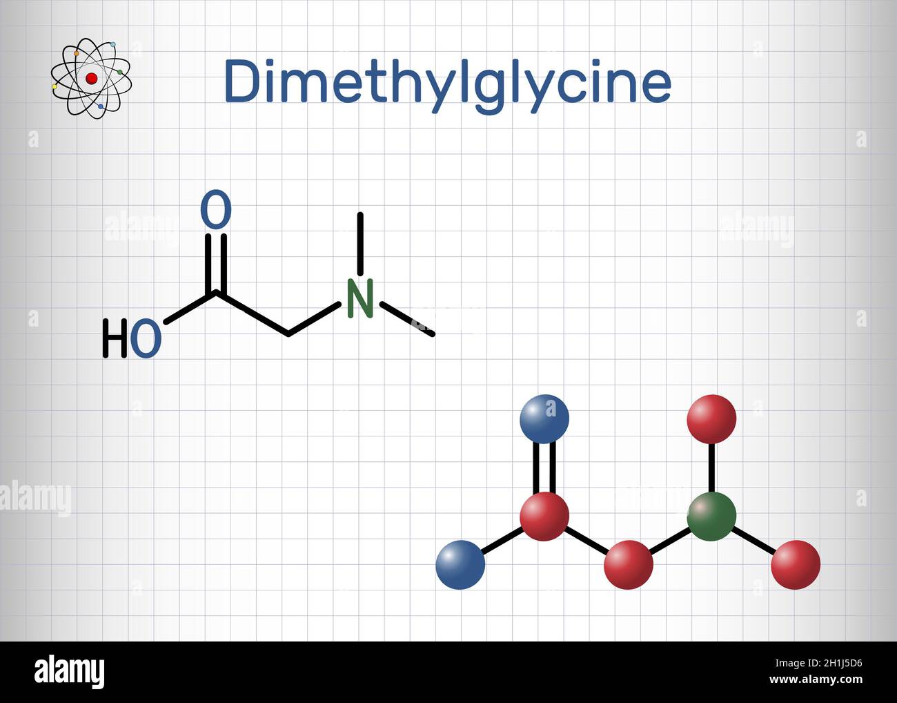 Dimethylglycin, DMG, Molekül. Es ist ein Derivat der Aminosäure Glycin. Strukturelle chemische Formel und Molekülmodell. Blatt Papier in einem Käfig. Stock Vektor