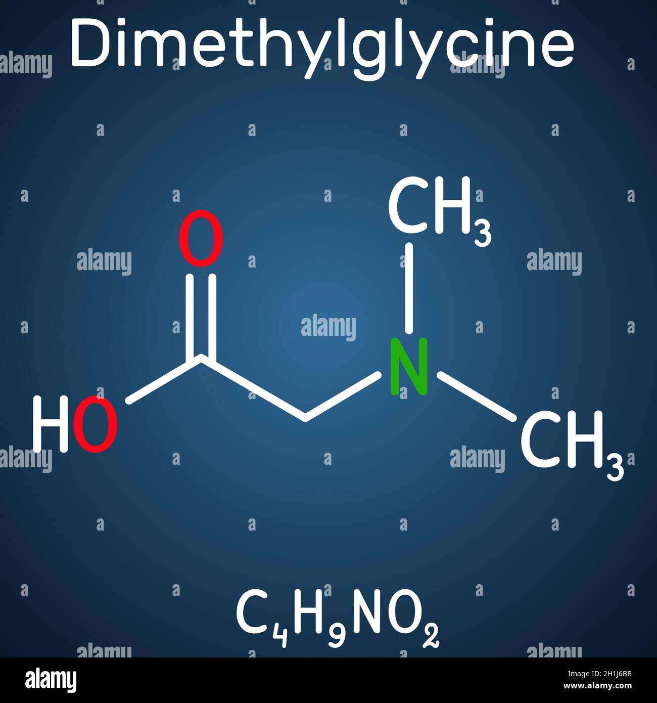 Dimethylglycin, DMG, Molekül. Es ist ein Derivat der Aminosäure Glycin. Strukturelle chemische Formel auf dem dunkelblauen Hintergrund. Vektorgrafiken Stock Vektor