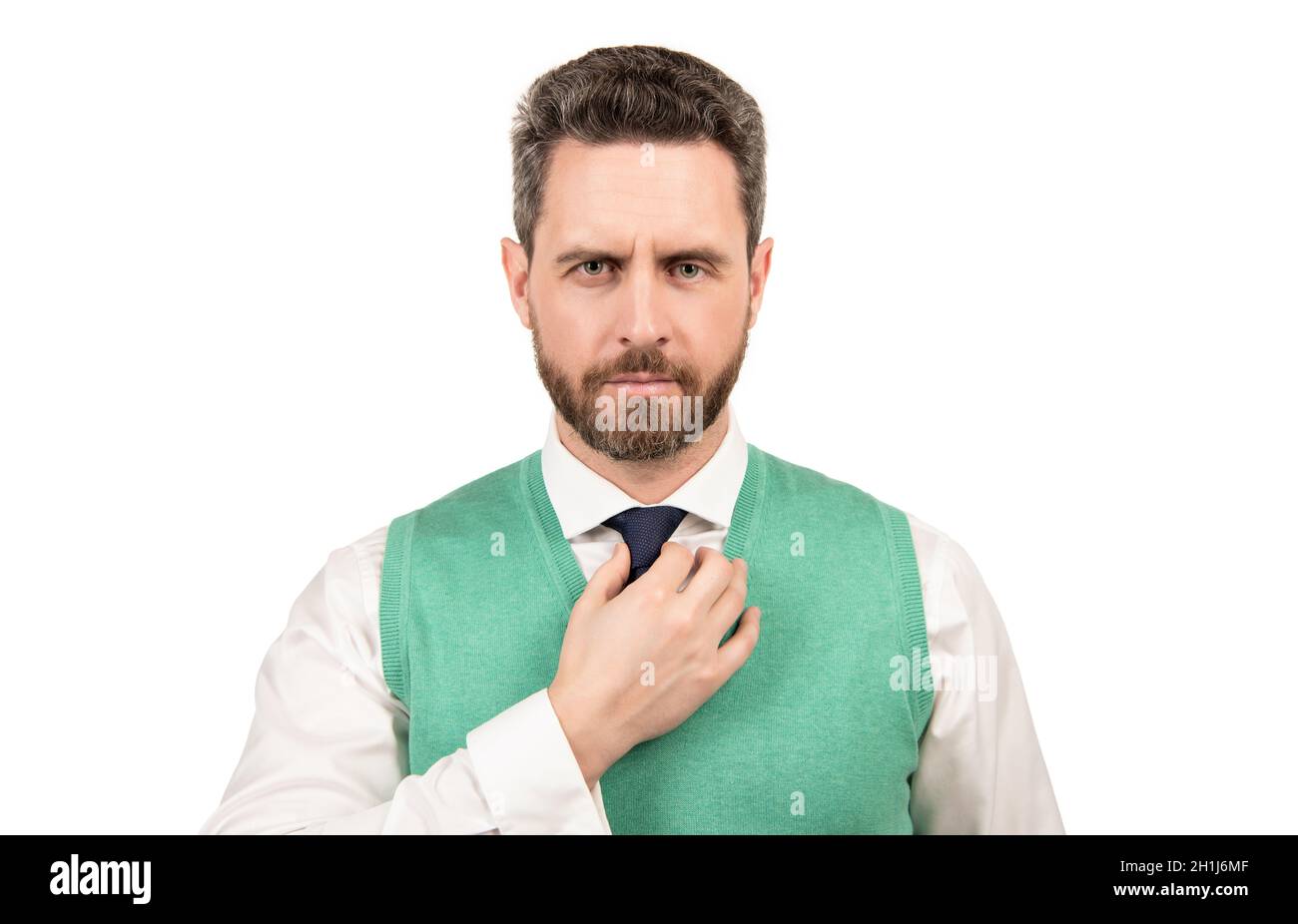 Serious bärtig eleganten Mann isoliert auf weißem Hintergrund, Porträt Stockfoto