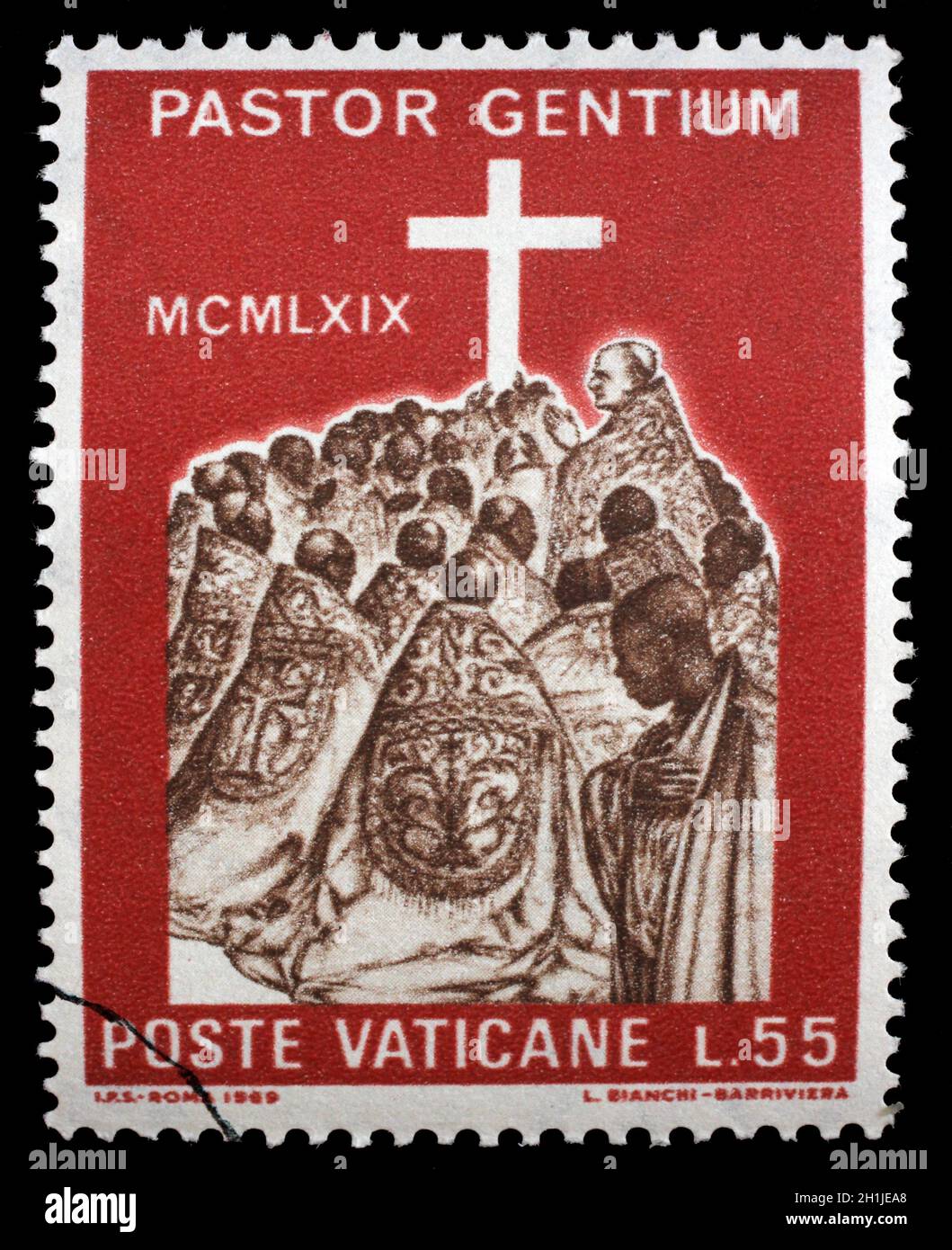 Stempel im Vatikan ausgestellt zeigt Besuch des Papstes Paul VI. nach Afrika, ca. 1969. Stockfoto