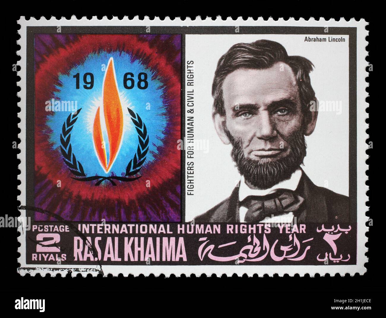 Stempel in der Ras Al Khaimah ausgestellt zeigt Abraham Lincoln (1809-1865), die internationalen Menschenrechte Jahr, circa 1968. Stockfoto