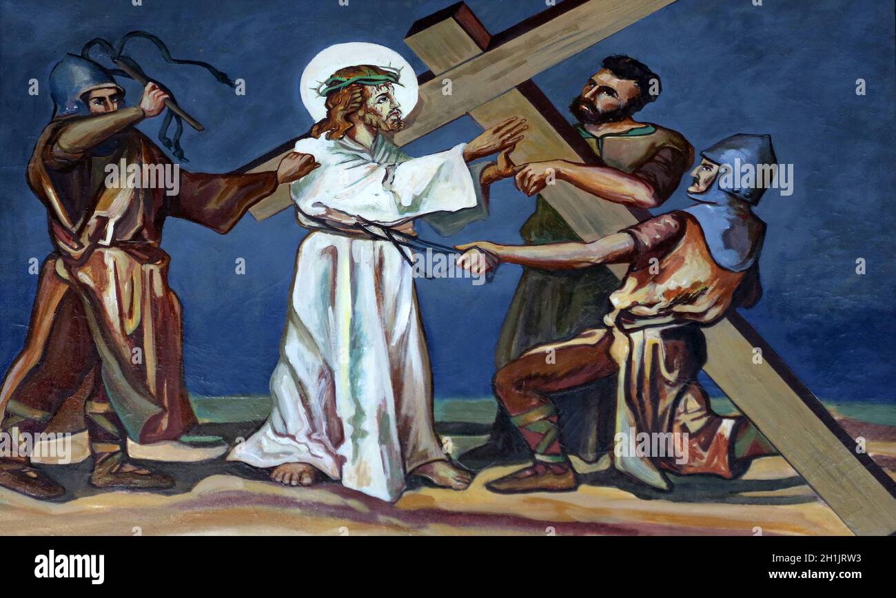 2. Kreuzweg, Jesus ist sein Kreuz gegeben. Stockfoto