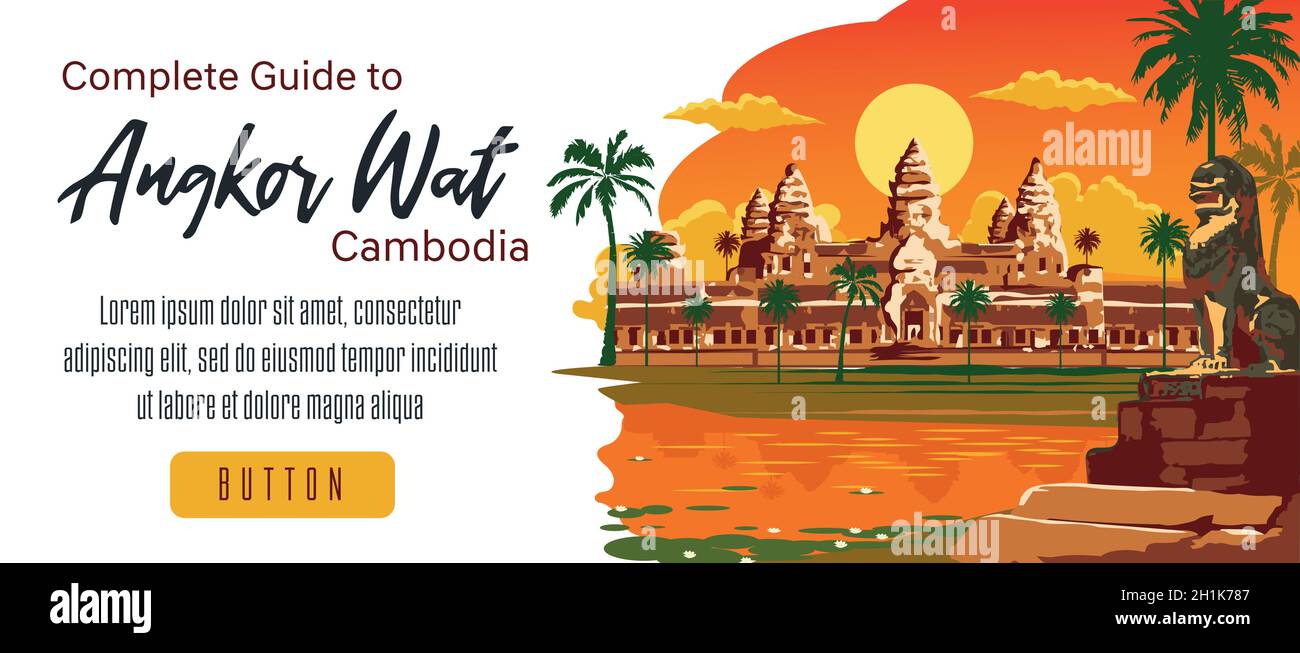 Design für soziale Netzwerke und Websites Kambodscha mit dekorativem Hintergrund, Sehenswürdigkeiten, Reise- und Touristenattraktion, Angkor Wat, Siem Reap, Kambodscha wi Stock Vektor