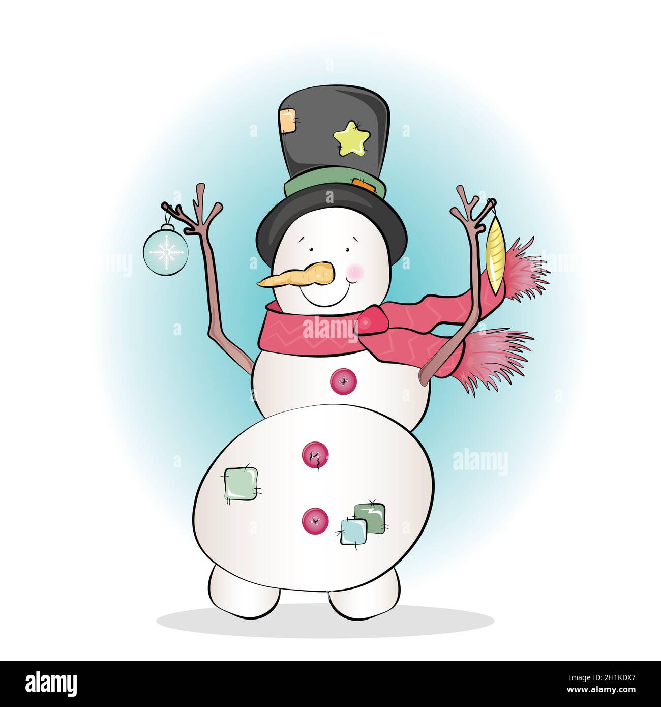 Niedlichen glücklichen Schneemann mit Weihnachtsschmuck isoliert auf weißem Hintergrund Illustration Stockfoto