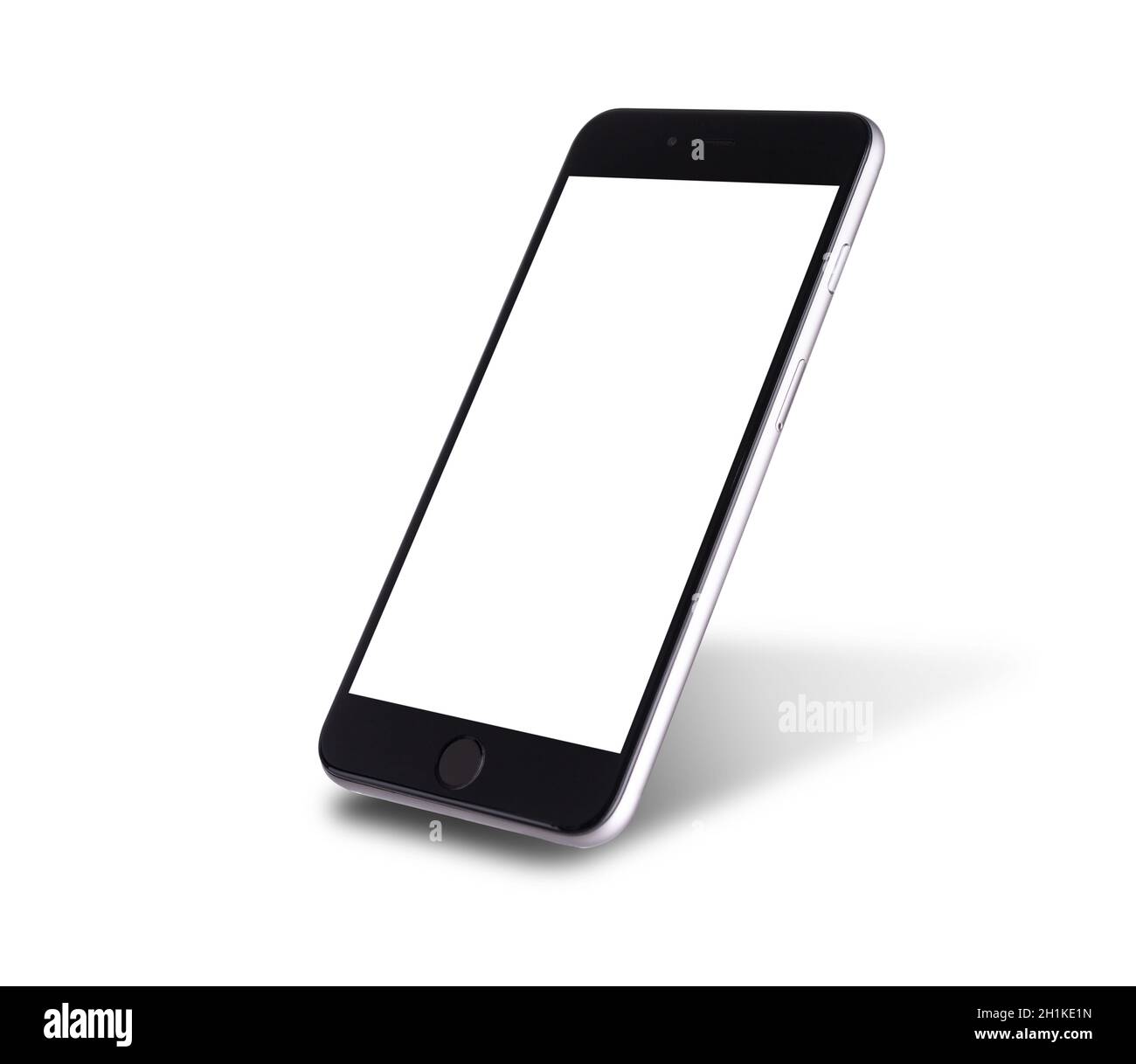 Schwarzes modernes Smartphone Mockup. Handy-Smartphone-Technologie vorne leeren Bildschirm Studio auf über weißem Hintergrund mit Clipping Maske Pfad isoliert aufgenommen Stockfoto