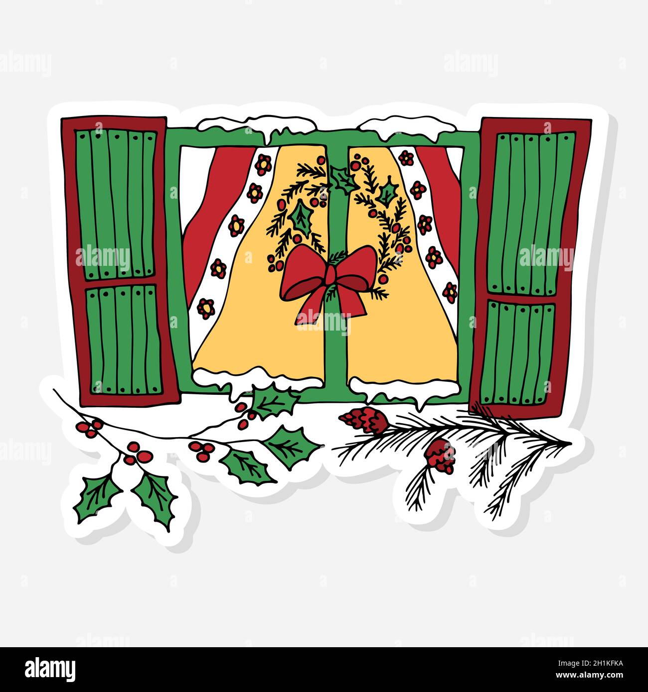 Dekoriertes Fenster mit Weihnachtskranz, Schnee, Kiefernzweig und Stechpalme, Sticker Doodle für die Feier Dekoration Design. Weihnachtssticker in Cartoon Stock Vektor
