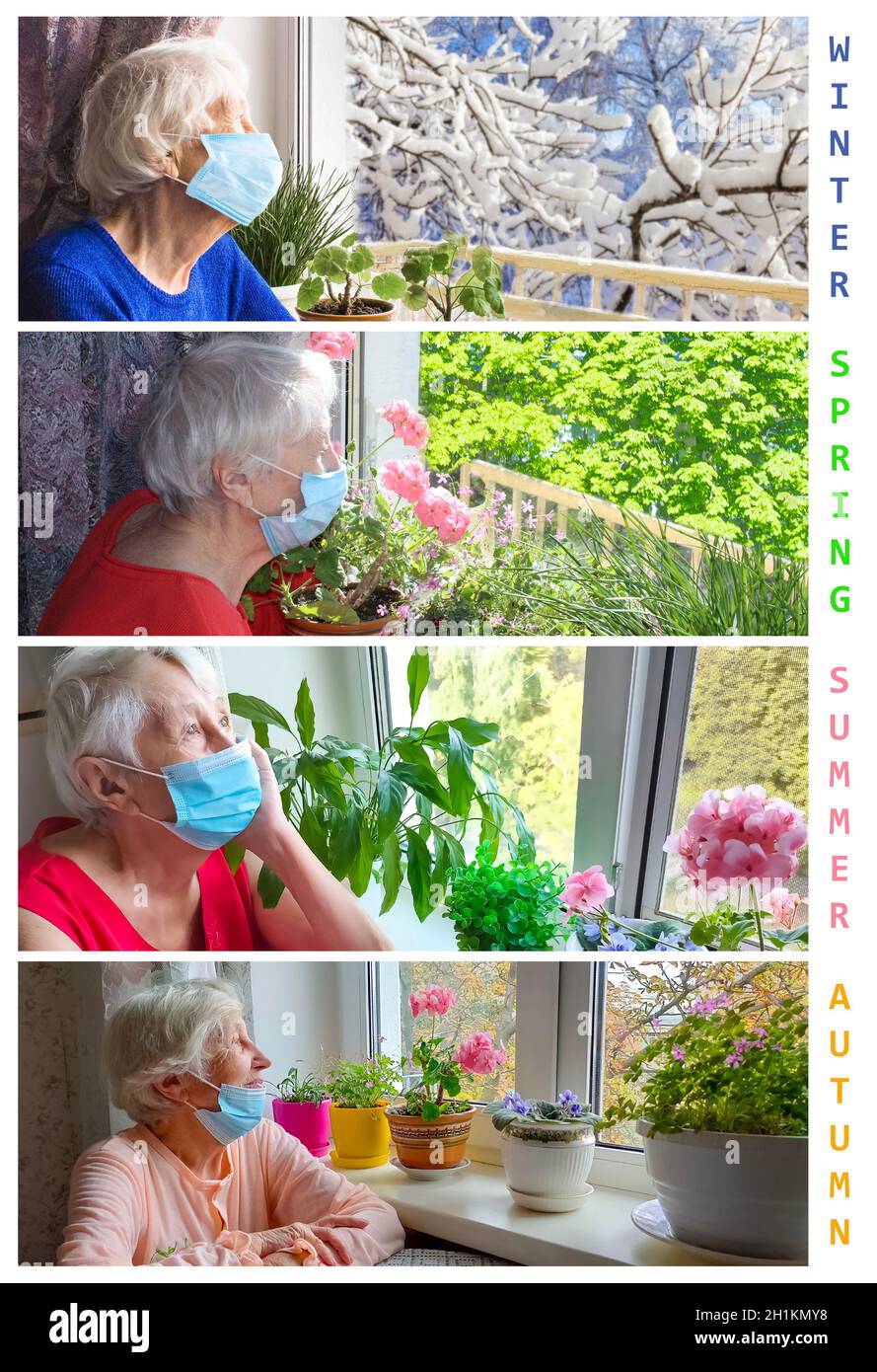 2020 - Covid-19 Pandemiekonzept. Collage über Winter, Frühling, Sommer, Herbstquarantäne. Ältere alte einsame Frau trägt schützende medizinische Maske sitzen Stockfoto