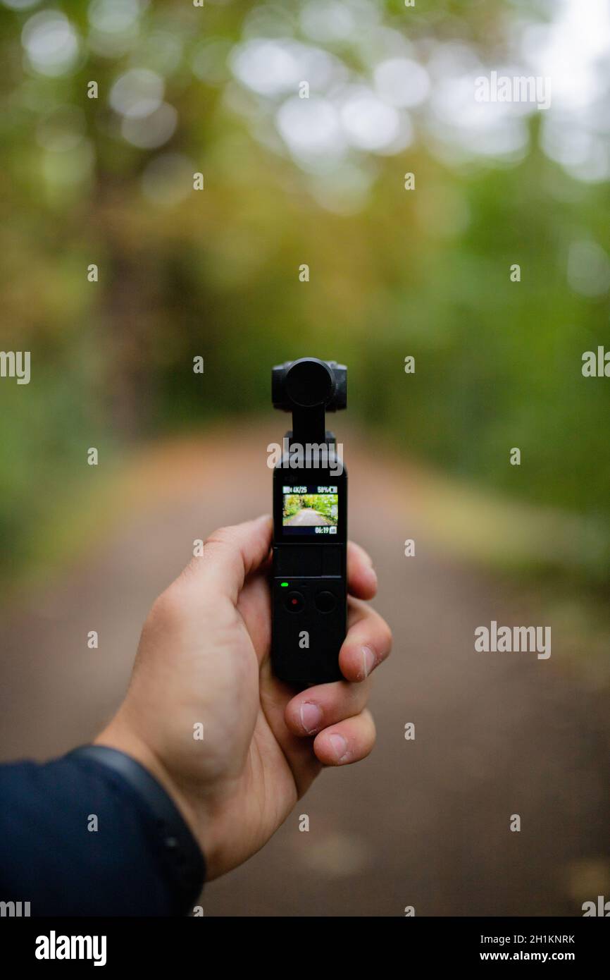 London, Großbritannien - 4. Januar 2019: Porträt einer Hand mit einer DJI Osmo-Taschenkamera Gimbel nimmt den verschwommenen Wald im Hintergrund auf Stockfoto