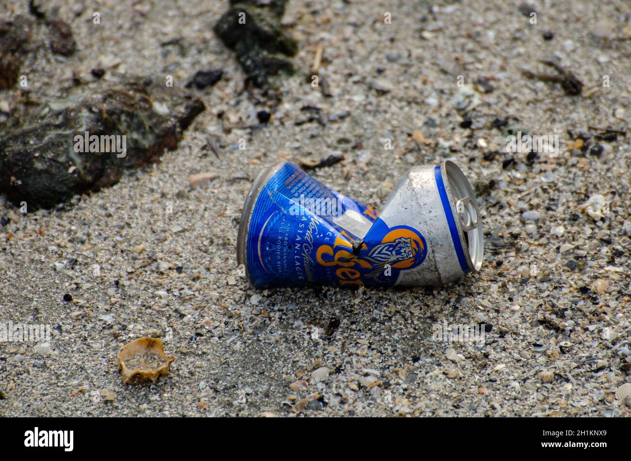 Batu Maung, Penang/Malaysia - Dez 28 2019: TIGERBIERDOSE am Strand. Stockfoto