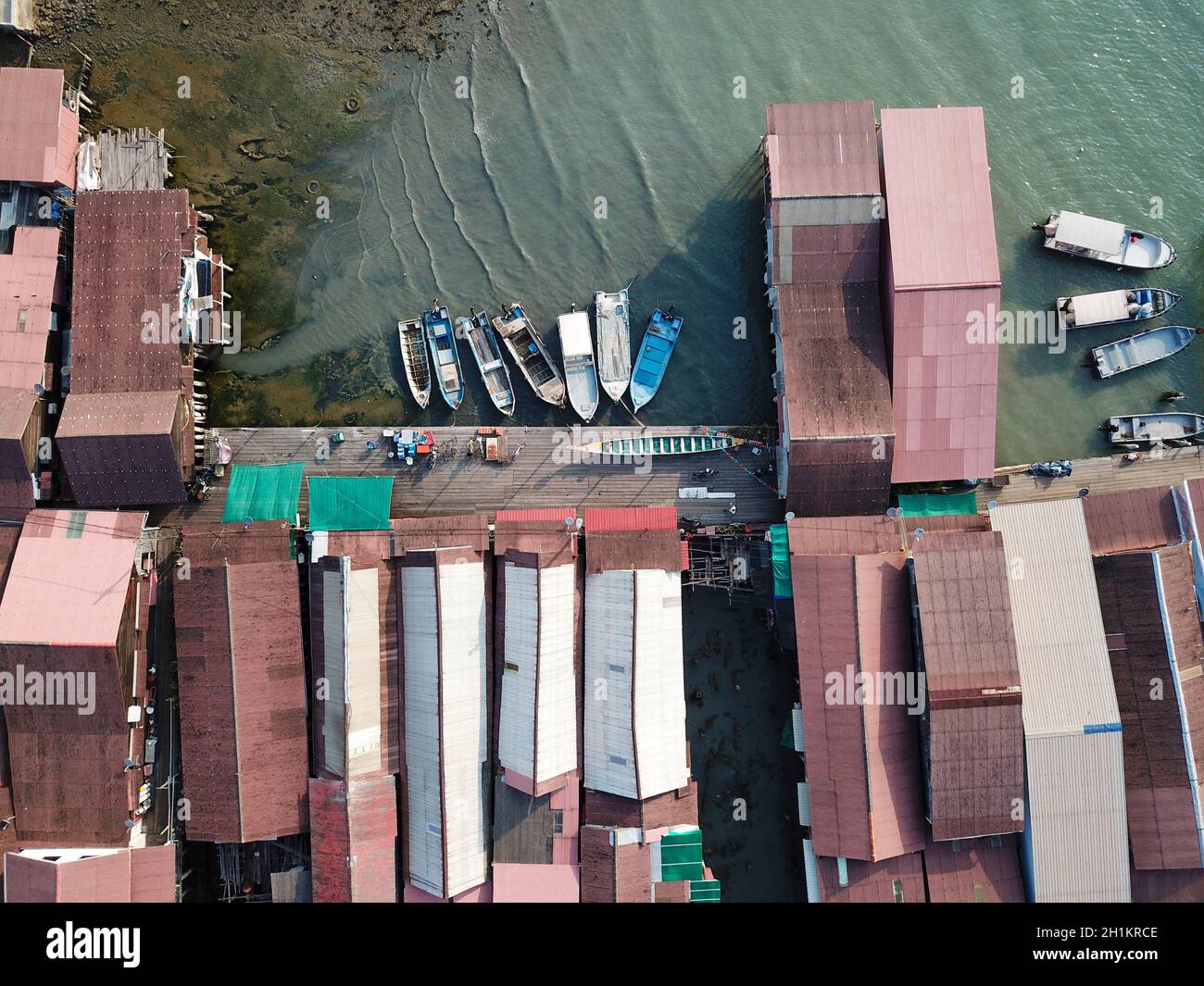 Georgetown, Penang/Malaysia - Mär 21 2020: Luftangeln Boot Park am Chew Jetty. Stockfoto