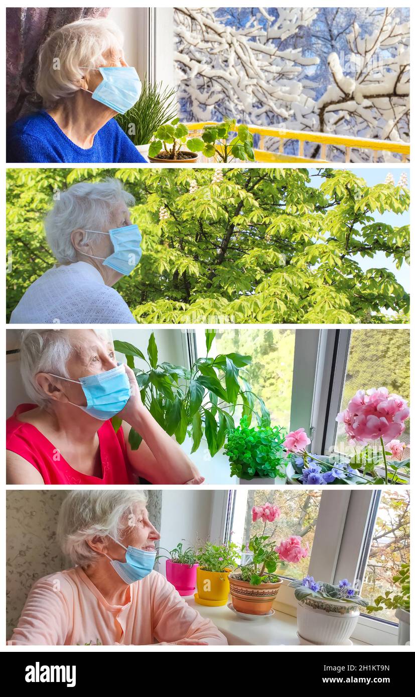 2020 - Covid-19 Pandemiekonzept. Collage über Winter, Frühling, Sommer, Herbstquarantäne. Ältere alte einsame Frau trägt schützende medizinische Maske sitzen Stockfoto
