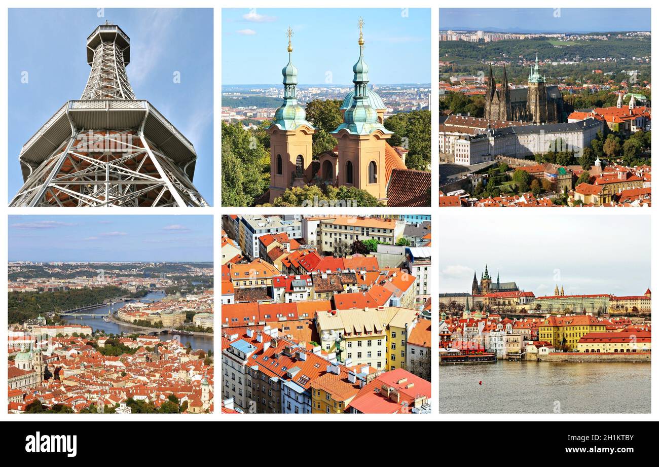 Prager Stadt Collage mit Bilderrahmen enthält wichtige Orte, Prager Burg, Petrin Turm, Altstadt, Moldau. Stockfoto