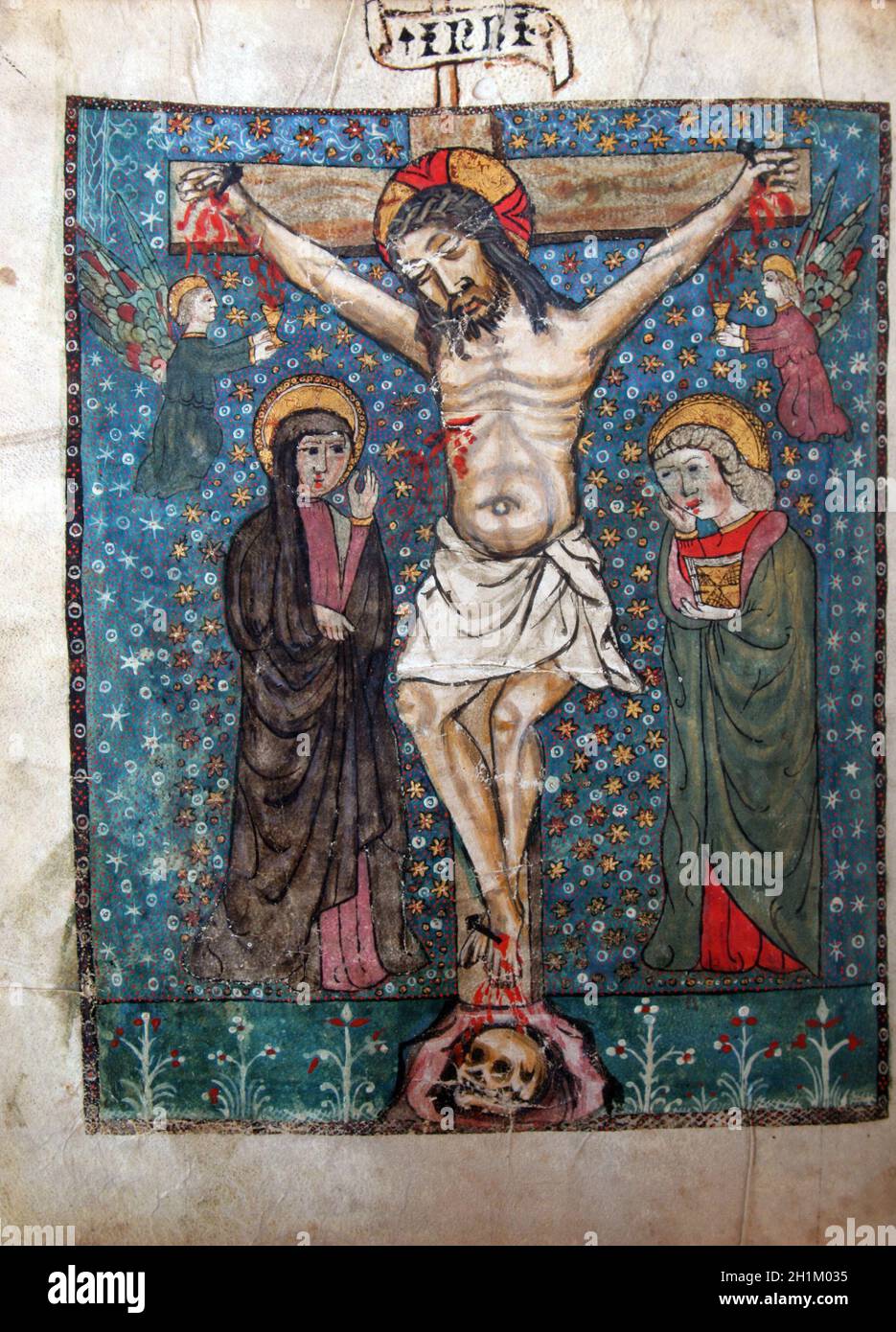 Kreuzigung, Jesus stirbt am Kreuz. Nahaufnahme des alten Buches der Heiligen Bibel Stockfoto