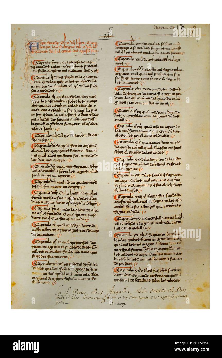 Über die Stadt Gottes gegen die Heiden von Augustinus von Hippo. Manuskript des 14. Jahrhunderts. El Escorial Library, MS 1.9, 1r Stockfoto