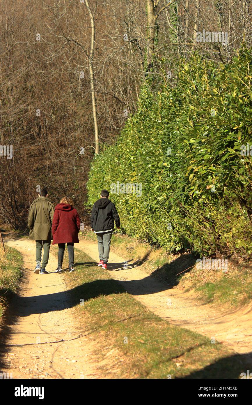 Eine kaukasische Mutter geht mit ihren beiden Kindern in den Wald. Hochwertige Fotos Stockfoto