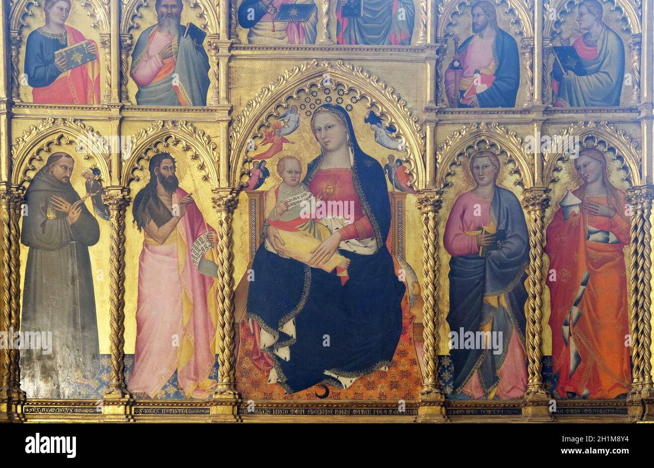 Madonna mit Kind und Heiligen (1379), von Giovanni del Biondo, Rinuccini Altarbild, der Basilika von Santa Croce (Basilika des Heiligen Kreuzes) - berühmte Fran Stockfoto