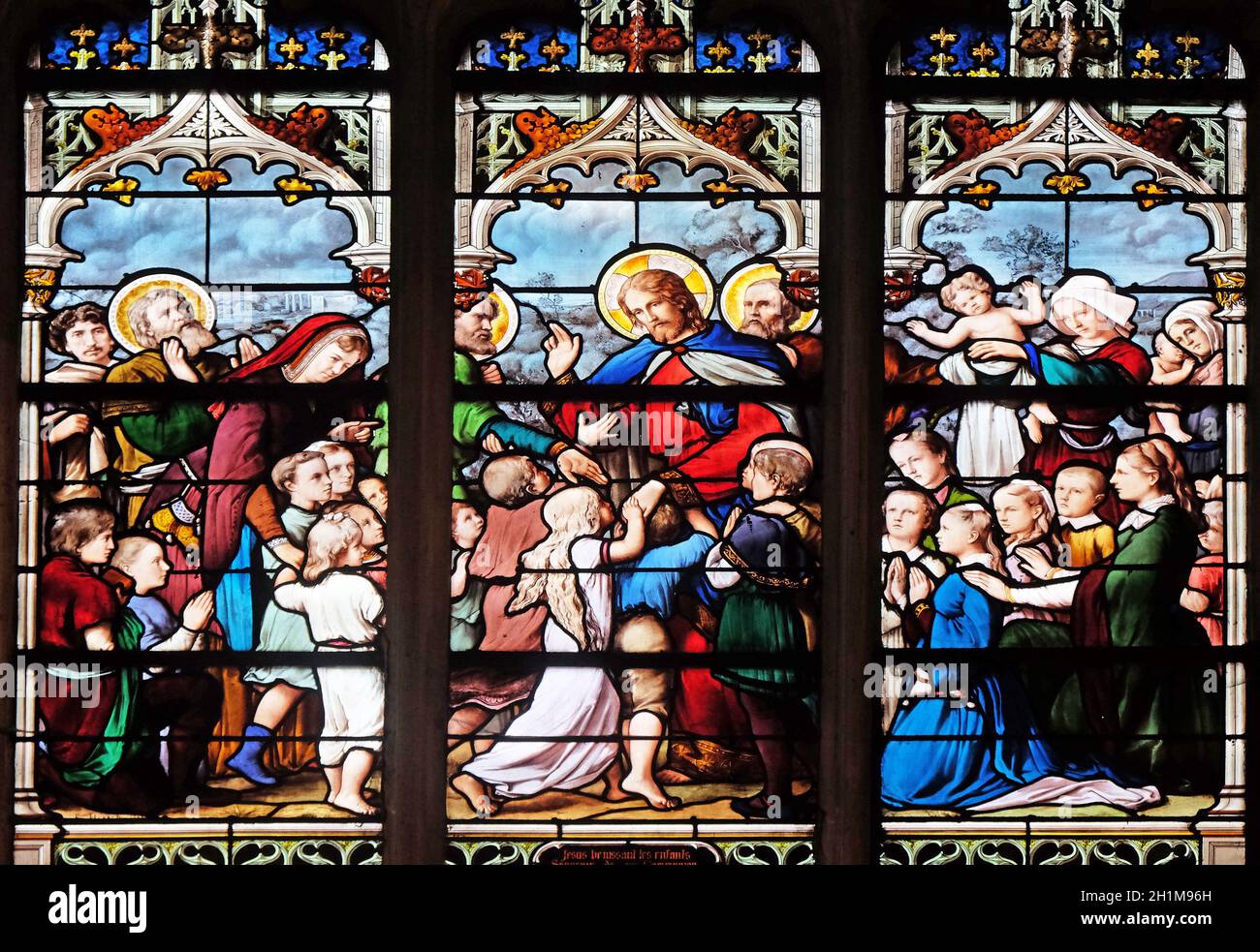 Jesus, Freund der Kinder, Kirchenfenster in St. Severin Kirche in Paris, Frankreich Stockfoto