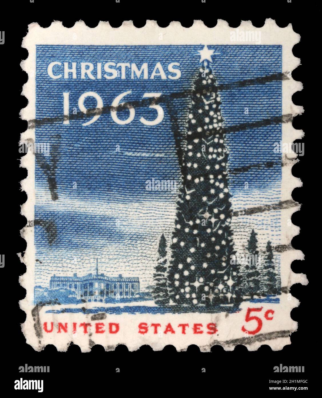US-Weihnachts-Briefmarke zeigt das Weiße Haus und den Nationalen Weihnachtsbaum in Washington DC., um 1963. Stockfoto