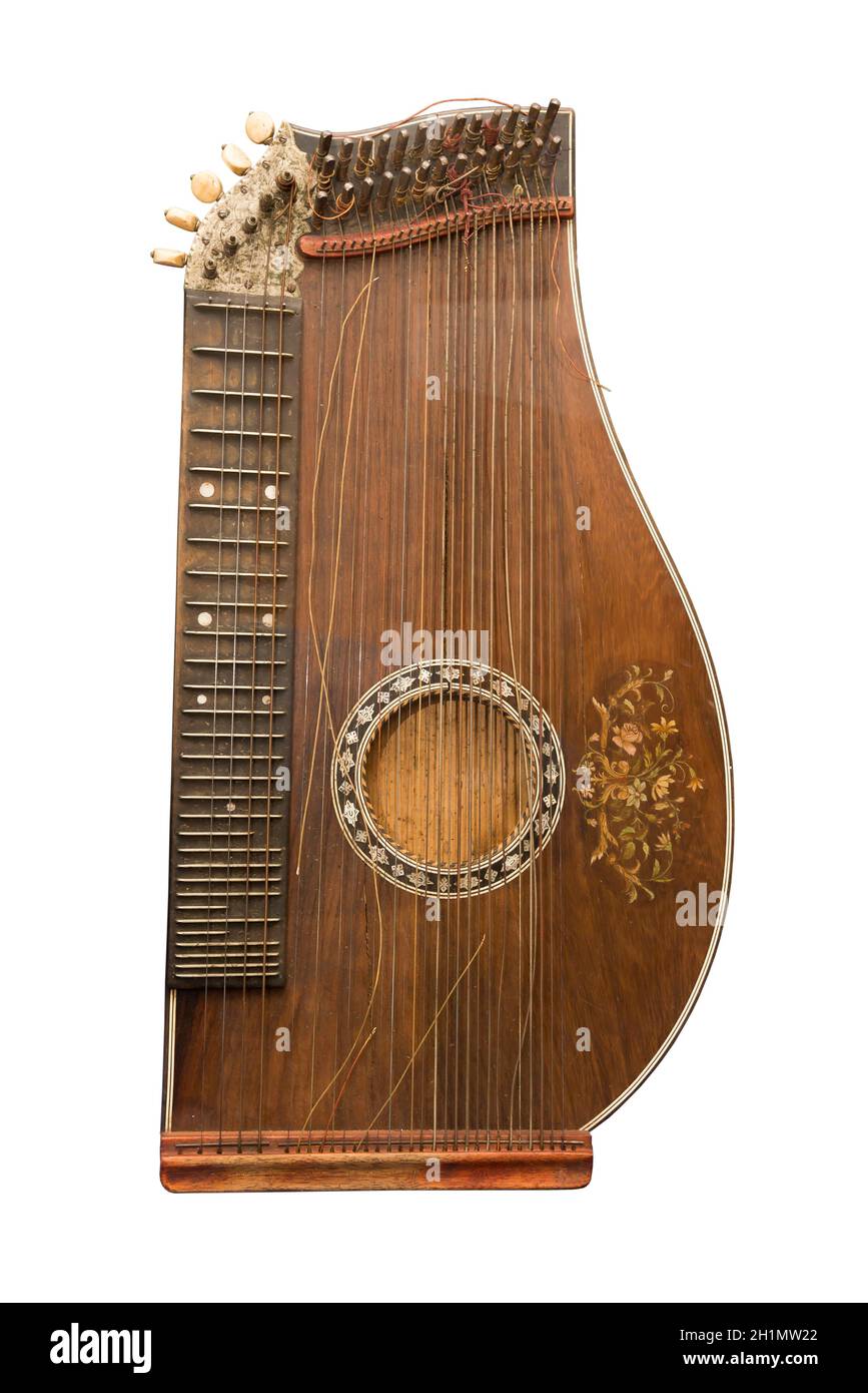 Zither-traditionelle deutsche Musikinstrument. Anfang des 19 Jahrhunderts. Ist auf dem weißen isoliert Stockfoto