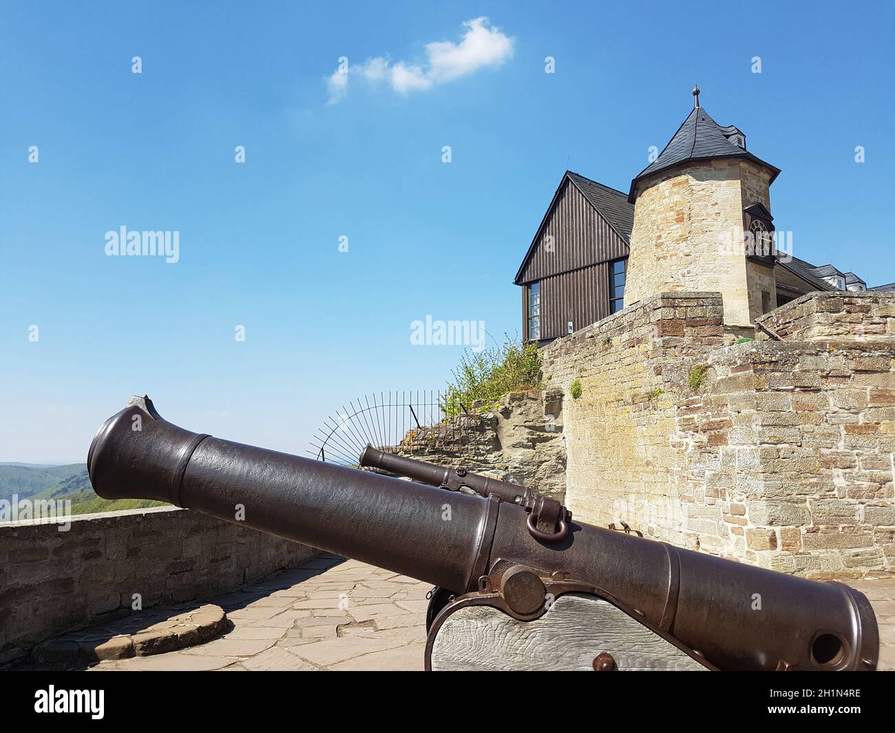 Katapultiert, Schloss Burg, Waldeck, Geschuetze Stockfoto