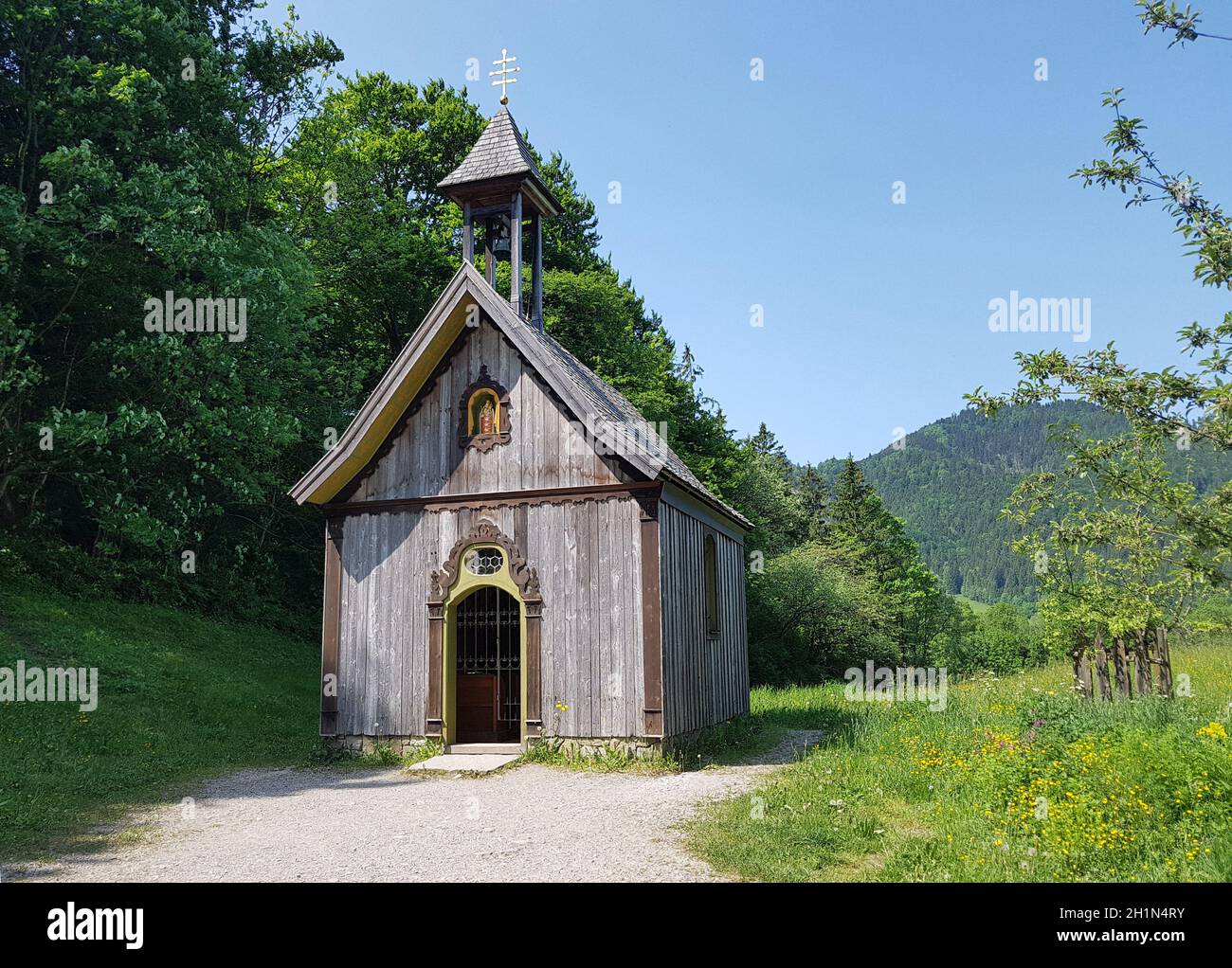Heilig-Kreuz-Kapelle eine Holzkapelle im Heimatmuseum. Das Markus Wasmeier Freilichtmuseum Schliersee hat seit Mai 2007 seine Pforten geöffnet. In ru Stockfoto